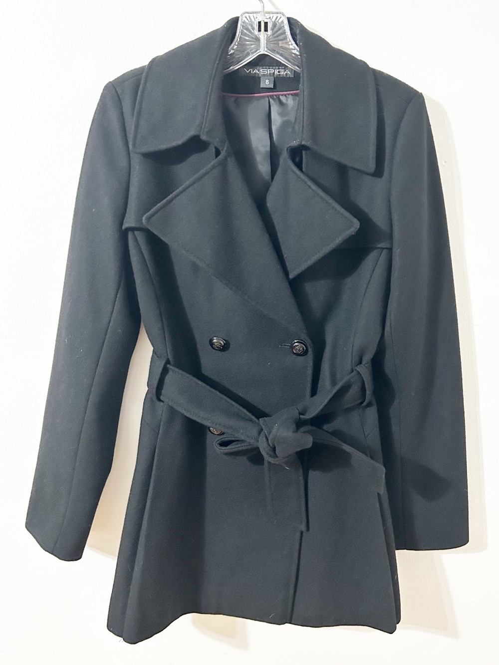 Via Spiga Women’s Black Wool Blend Double-Breasted Belted Peacoat Size 6